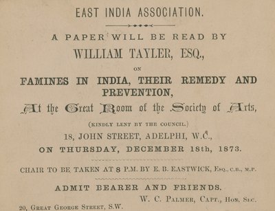 Ticket für einen Vortrag von William Tayler der East India Association von English School