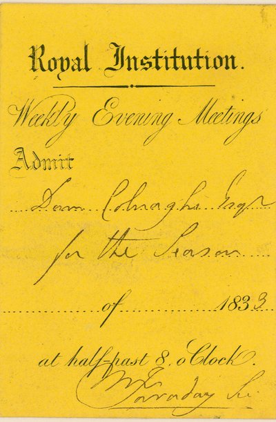 Eintrittskarte zur Royal Institution, Albemarle Street, London, zu einem Vortrag von Michael Faraday von English School