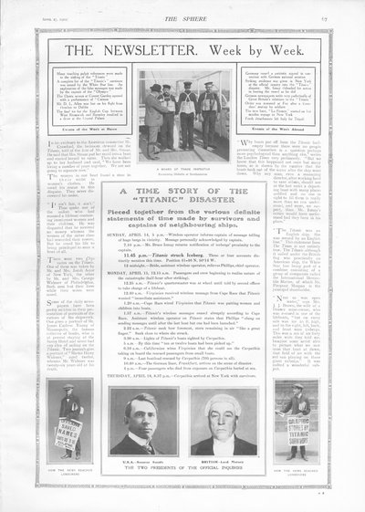 Zeitachse der Ereignisse und Artikel über das Sinken der Titanic, aus The Sphere, 27. April 1912 von English School