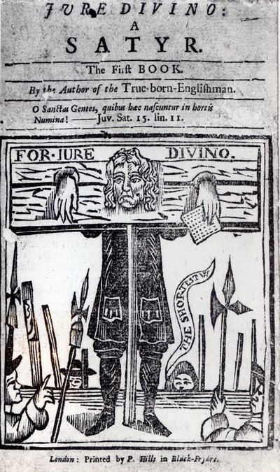 Titelseite des ersten Buches von Jure Divino - A Satyr von Daniel Defoe (1660-1731), veröffentlicht 1706 von English School