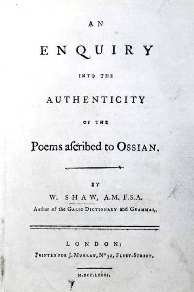 Titelseite für An enquiry into the authenticity of the poems ascribed to Ossian von William Shaw, veröffentlicht 1781 von English School