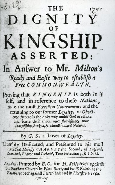Titelseite für The Dignity of Kingship Asserted von G.S. a Lover of Loyalty, veröffentlicht 1660 von English School
