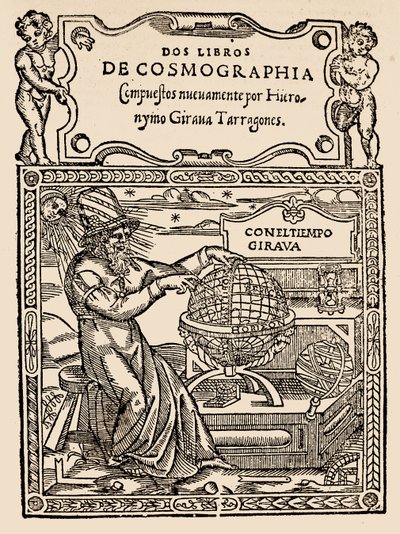 Titelseite für Zwei Bücher der Kosmographie von Hieronymo Girana Tarragones, aus The Narrative and Critical History of America, herausgegeben von Justin Winsor, London, 1886 (Holzschnitt) von English School