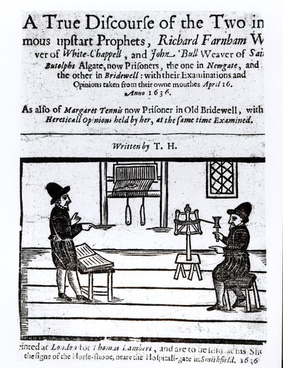 Titelseite von A True Discourse of the Two Infamous Prophets, Richard Farnham, Weaver, of White-Chapel, und John Bull, Weaver, of Saint Botolphs, Algate von T.H 1636 von English School