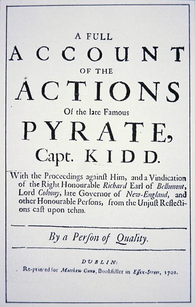 Titelseite eines Lebens des Piratenkapitäns William Kidd, veröffentlicht in London 1701 von English School