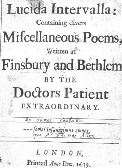 Titelseite zu Lucida Intervalla von James Carkesse, veröffentlicht 1679 von English School