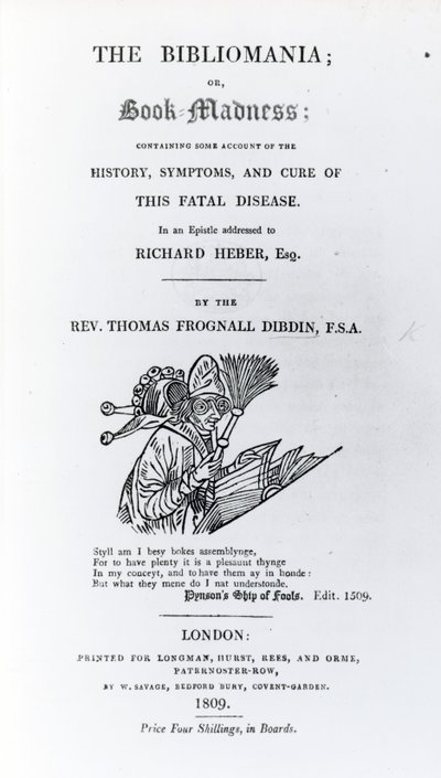 Titelseite zu The Bibliomania von Rev. Thomas Frognall Dibdin, veröffentlicht 1809 von English School