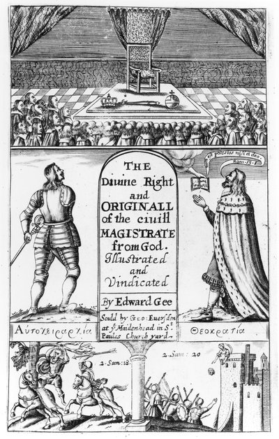 Titelseite zu The Divine Right and Original of the Civil Magistrate from God, graviert von Edward Gee, 1658 von English School