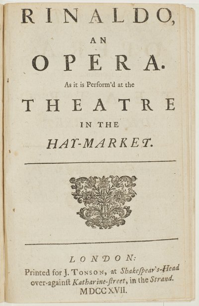 Titelseite aus dem Libretto von Händels Oper "Rinaldo", von Giacomo Rossi, 1717 von English School