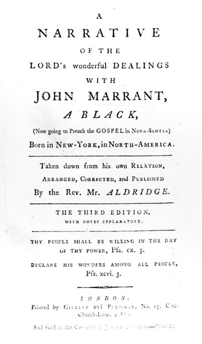 Titelseite zu A Narrative of the Lords Wonderful Dealings with John Marrant, A Black transcribed by Rev. William Aldridge, 1785 von English School