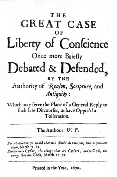 Titelseite zu The Great Case of Liberty of Conscience von William Penn, veröffentlicht 1670 von English School
