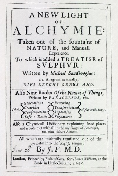 Titelseite zur englischen Ausgabe von A New Light on Alchemy von Michal Sedziwoj, 1650 von English School