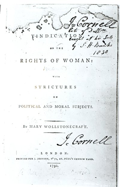 Titelseite von Vindication of the Rights of Woman von Mary Wollstonecraft, veröffentlicht 1792 von English School
