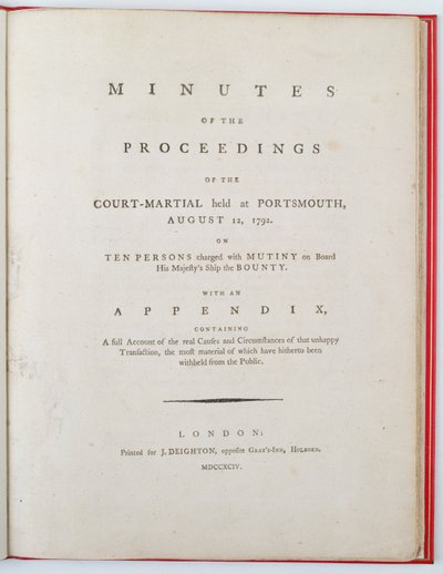 Titelseite der Protokolle des Kriegsgerichtsverfahrens in Portsmouth, 12. August 1792, veröffentlicht in London, 1794 von English School