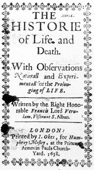 Titelseite zu Francis Bacons Die Geschichte von Leben und Tod, veröffentlicht 1638 von English School