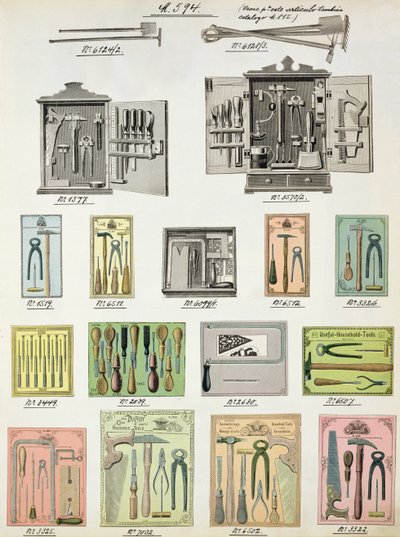 Werkzeuge und Werkzeugkästen aus einem Handelskatolog für Haushaltswaren und Einrichtungsgegenstände, ca. 1890-1910 von English School