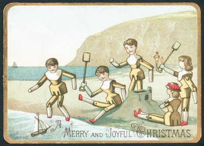 Spielzeug spielt am Strand, Weihnachtskarte von English School