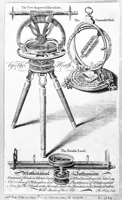 Handelskarte für Thomas Heath, Hersteller von mathematischen Instrumenten, Druck von Thomas Platt, ca. 1730 von English School