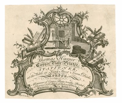 Visitenkarte für Thomas Harper, Kupferplatten-Drucker und Schreibwarenhändler von English School