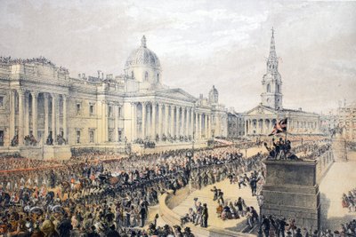 Trafalgar Square, aus Ein Gedenkbuch zur Hochzeit von Edward VII. und Alexandra von Dänemark, veröffentlicht 1864 von English School
