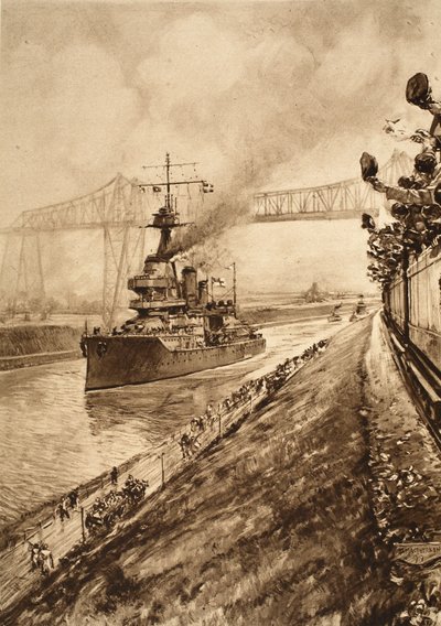 Triumphaler Beweis der britischen Seeüberlegenheit: H.M.S. Hercules passiert den Kiel-Kanal, 1914-19 von English School