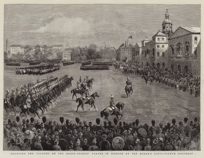 Truppenparade auf dem Horse-Guards-Paradeplatz zu Ehren des 68. Geburtstags der Königin von English School