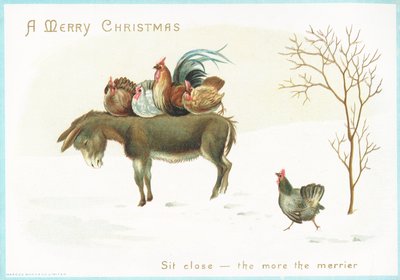 Truthahn und Huhn auf dem Rücken eines Esels, Weihnachtskarte von English School