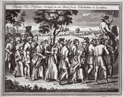 Zweiundzwanzig Gefangene in einer Gruppe von Colchester nach London gebracht, Illustration aus Foxes Märtyrer, ca. 1703 von English School
