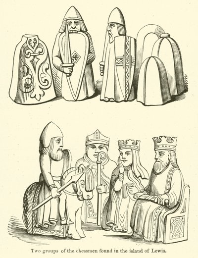 Zwei Gruppen der Schachfiguren, gefunden auf der Insel Lewis von English School