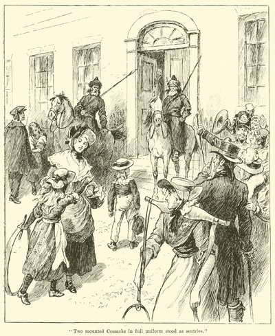 Zwei berittene Kosaken in voller Uniform standen als Wachen von English School