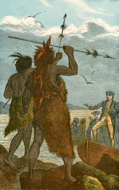 Zwei Eingeborene streiten über die Landung von Captain Cook von English School