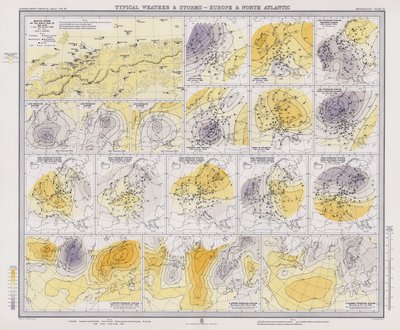 Typisches Wetter und Stürme, Europa und Nordatlantik (Farblithografie) von English School