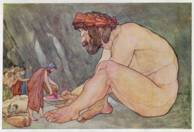 Odysseus gibt dem Zyklopen Wein (Farblithografie) von English School