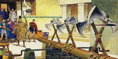 Odysseus spannte den Bogen und schoss einen Pfeil durch die engen Räume zwischen den Axtköpfen von English School