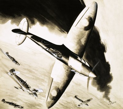 Unidentifizierte Spitfire im Luftkampf mit deutschen Jägern von English School