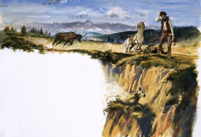 Unidentifizierter Cowboy kratzt sich am Kopf, während er überlegt, wie er ein Rind retten kann von English School