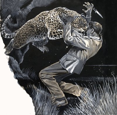 Unidentifizierter Mann wird von einem Leoparden angegriffen von English School