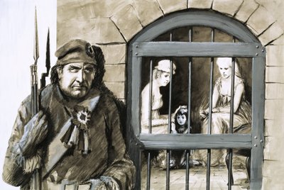 Unidentifizierte Gefangene in Gefängniszelle mit Wachmann im Vordergrund von English School