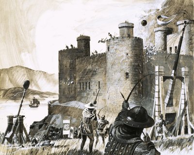Unidentifizierte Belagerung einer Burg mit einem Trebuchet von English School