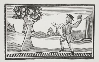 Hinauf in den Baum klettert er, Illustration aus Chap-books des achtzehnten Jahrhunderts von John Ashton, veröffentlicht 1882 von English School