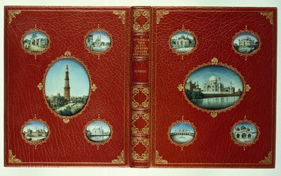 Obere und untere Einbände, zehn ovale Miniaturen von Moscheen, mit vergoldeten Rändern von English School