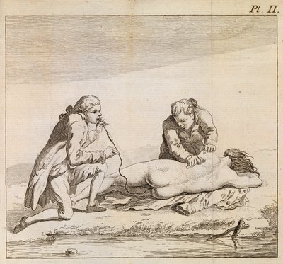 Verwendung eines Rauchgeräts, um Tabakrauch in den Darm einer ertrunkenen Frau zu blasen, um die Wiederbelebung zu unterstützen, um 1790 (Gravur) von English School