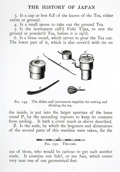 Utensilien für japanische Teezeremonien, aus History of Japan von Engelbert Kaempfer (1651-1716), veröffentlicht 1727 von English School