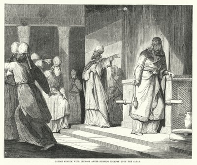 Usija mit Aussatz geschlagen nach dem Verbrennen von Weihrauch auf dem Altar (Gravur) von English School