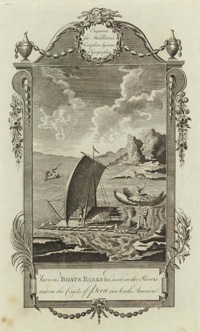 Verschiedene Boote, Barken usw., die in den Flüssen und an den Küsten Perus in Südamerika verwendet werden von English School