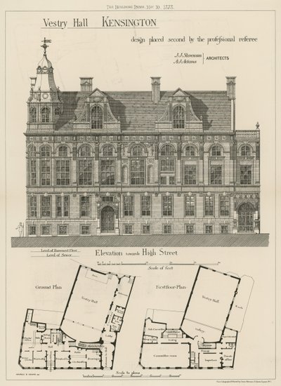 Vestry Hall, Kensington, Entwurf, der vom professionellen Schiedsrichter den zweiten Platz erhielt von English School