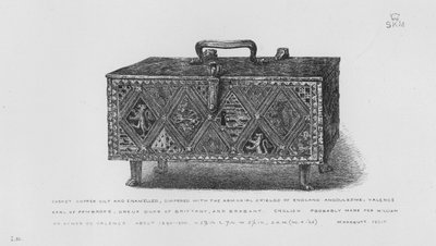 Victoria und Albert Museum: Kästchen, Kupfer vergoldet und emailliert, mit den Wappenschildern von England, Angoulême, Valence, Earl of Pembroke, Dreux Herzog von Bretagne und Brabant, Englisch, wahrscheinlich für William oder Aymer de Valence, um 1290-13 von English School