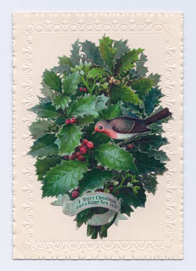 Viktorianische Weihnachts- und Neujahrskarte mit einem Rotkehlchen in einem Strauß aus Stechpalmenblättern, ca. 1880 von English School