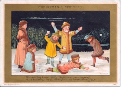 Viktorianische Weihnachts- und Neujahrskarte mit Kindern, die im Schnee spielen und Schneebälle werfen, ca. 1880 von English School