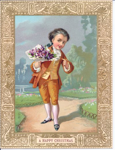 Viktorianische Weihnachtskarte mit einem Jungen in viktorianischer Kleidung, der einen Blumenstrauß hält, ca. 1880 von English School